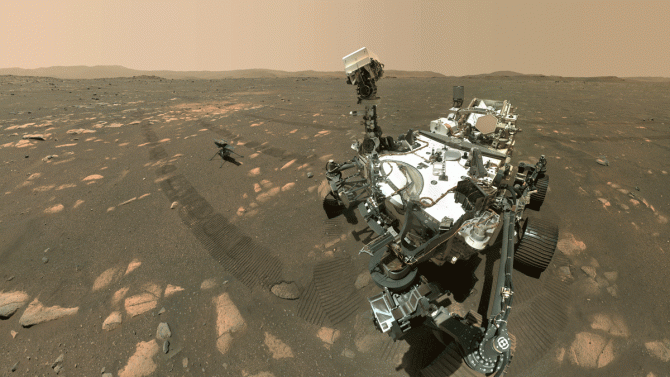 Roverul Perseverance și elicopterul său, pe planeta Marte