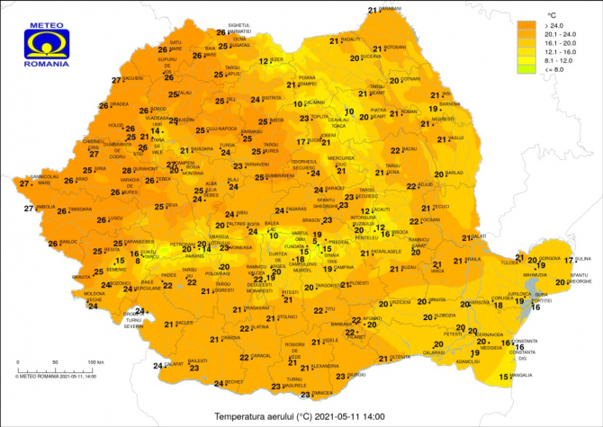 Harta temperaturilor, Sursa: ANM