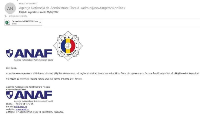 Identitatea vizuală a ANAF este utilizată în mail-uri infectate