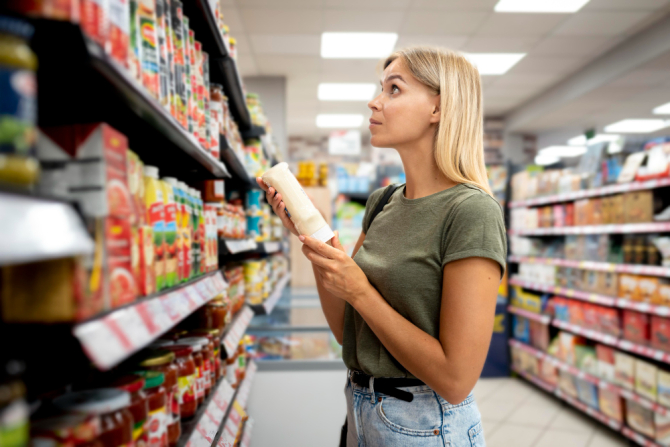 O femeie se uita la eticheta unui produs alimentar