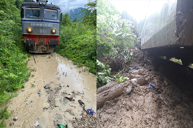 Tren blocat de o alunecare de teren în județul Suceava