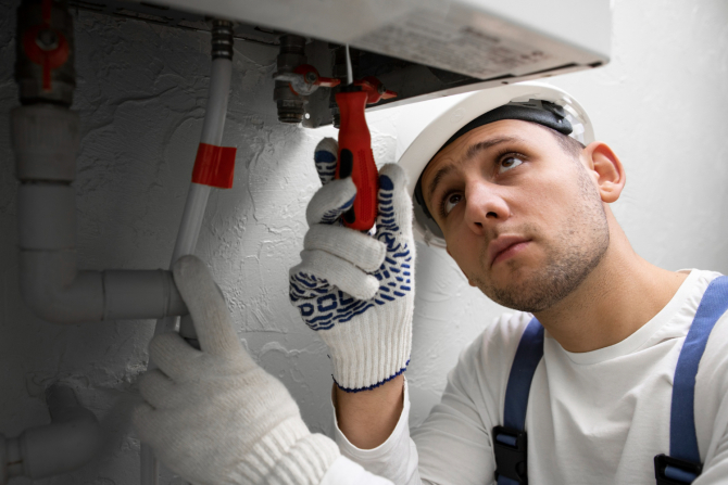 Un muncitor instalează o centrală termică / Foto: Freepik