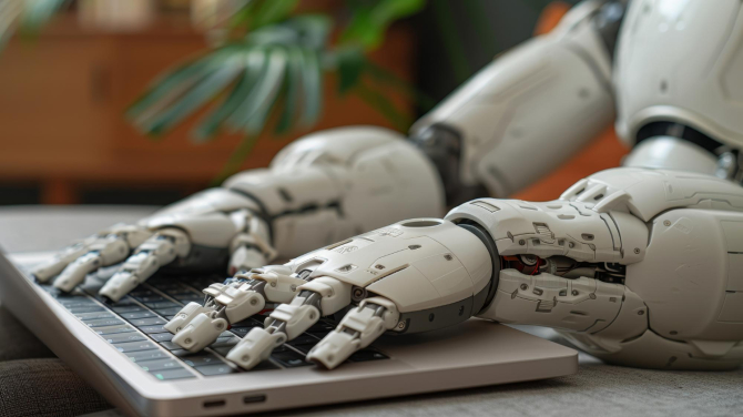 Mâini de robot pe o tastatură / Foto: Freepik